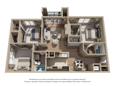 Floor plan for 3 beds, 2 baths, 1248 sqft